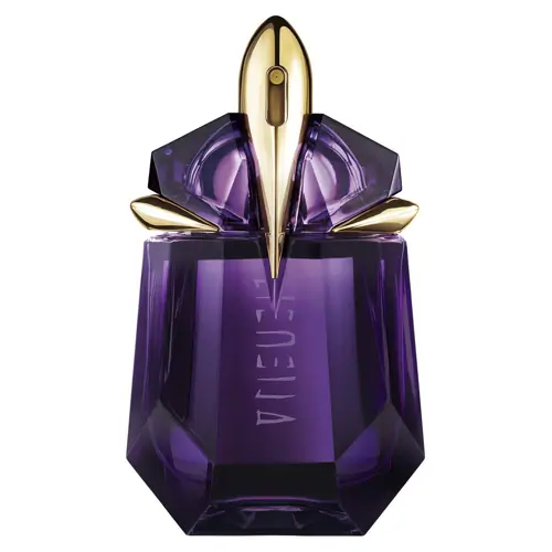 Alien by Mugler perfume bottle, showcasing its distinctive purple design and mystical shape, embodying the essence of the best woody perfumes for her.