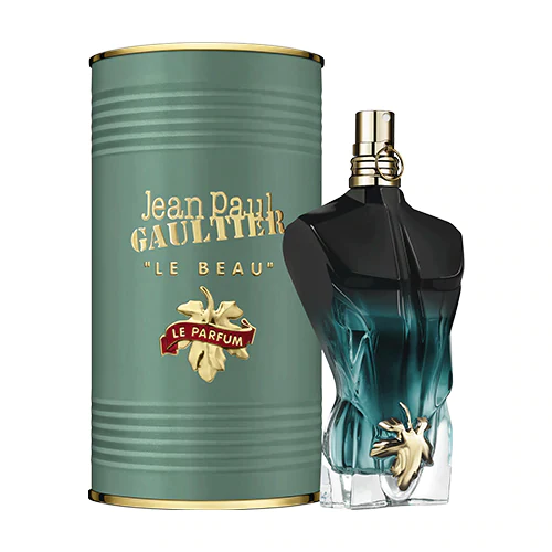 Seductive torso-shaped bottle of Jean Paul Gaultier Le Beau Le Parfum, a sweet and tropical woody fragrance.